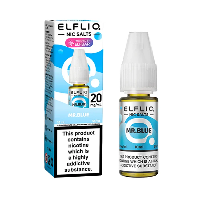 ElfLio Mr. Blue nicotine salt e-liquid box and dropper bottle, 10 ml, 20 mg/mL, warning label visible on front.