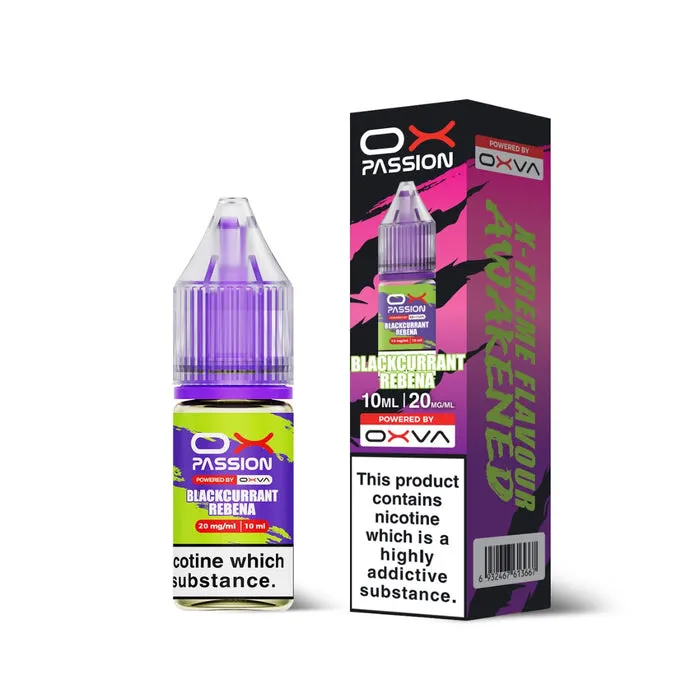 E‑liquid bottle labeled Blackcurrant Rebena with a purple cap beside its packaging; contains nicotine at 20 mg/ml, 10 ml.