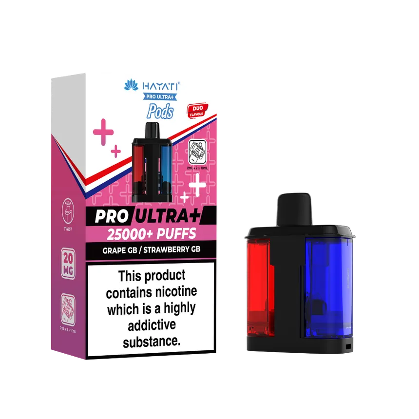 Vape pod kit with red and blue translucent chambers beside pink Pro Ultra+ box showing 25000+ puffs and nicotine warning.