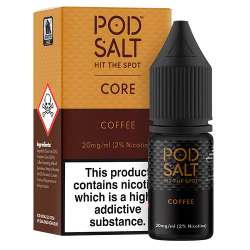 Coffee-flavored POD SALT e-liquid box and bottle with nicotine warning and bold logo details on orange and black packaging.