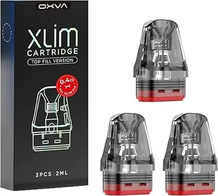 OXVΑ Xlim cartridge box shown next to three transparent replacement pods with red bases (top-fill version) for vaping device