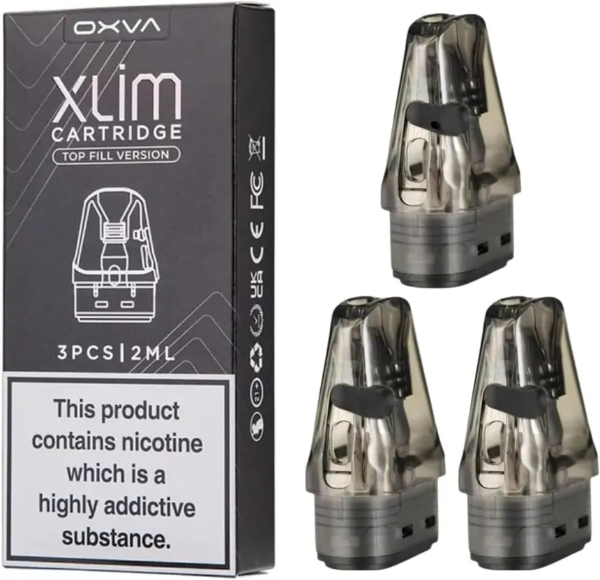 Box for Oxva Xlim cartridge top-fill version with three 2 ml pods and nicotine warning on the front.