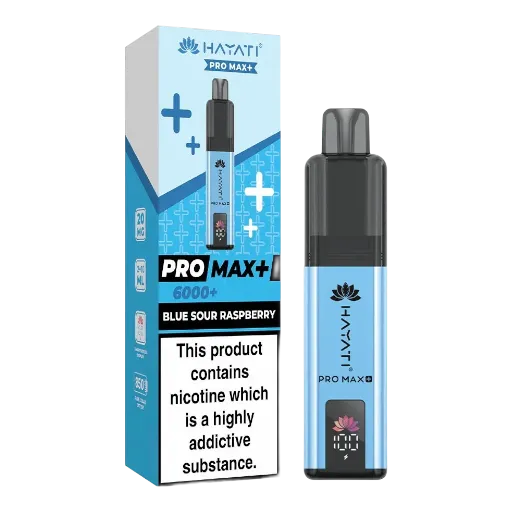 Blue and white vape kit box labeled Pro Max+ 6000+ with a blue Raspberry flavor, next to a matching vape device (nicotine product). Includes a warning label about nicotine.