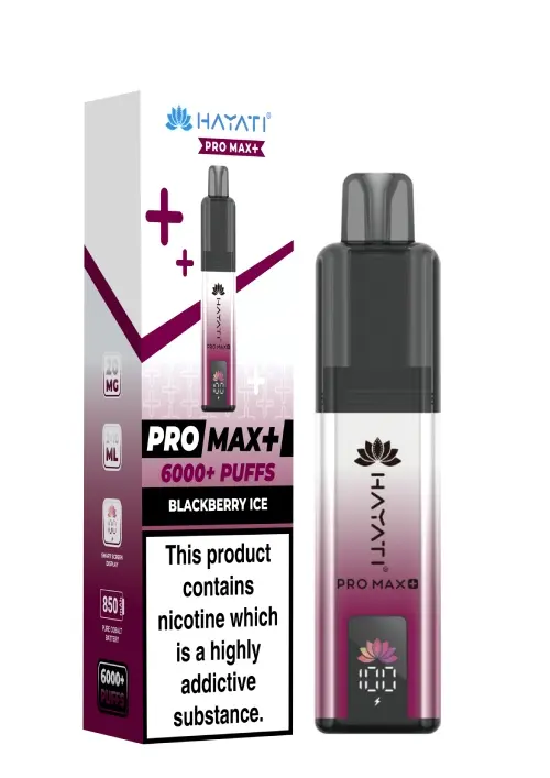 Vape pen and box labeled HYART Pro Max+ 6000+ Puffs Blackberry Ice; warning: This product contains nicotine which is a highly addictive substance.