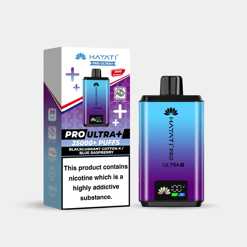 Vape device with blue-to-purple gradient beside its box, labeled Pro Ultra+ with 25000+ puffs and a nicotine warning on the box.