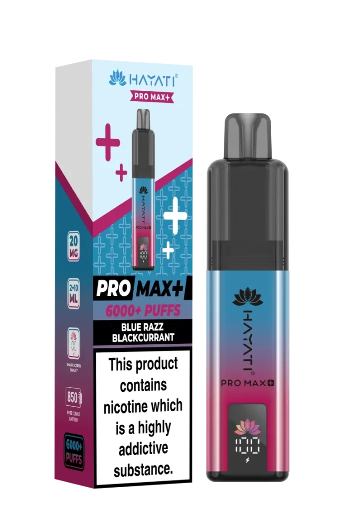 Vape kit box and matching black-to-pink gradient pod device labeled PRO MAX+ with 6000+ puffs, flavor Blue Razz Blackcurrant, and a warning block showing nicotine content and age symbols.