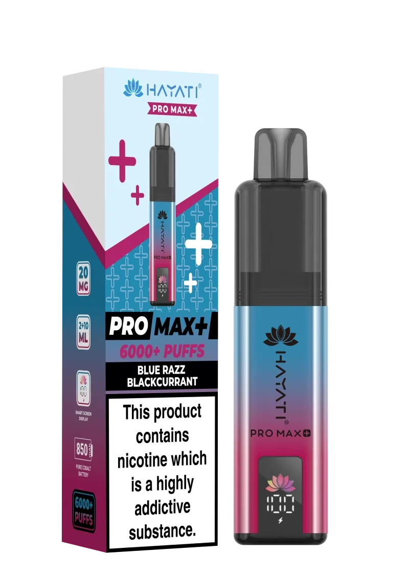 Vape kit box and matching black-to-pink gradient pod device labeled PRO MAX+ with 6000+ puffs, flavor Blue Razz Blackcurrant, and a warning block showing nicotine content and age symbols.
