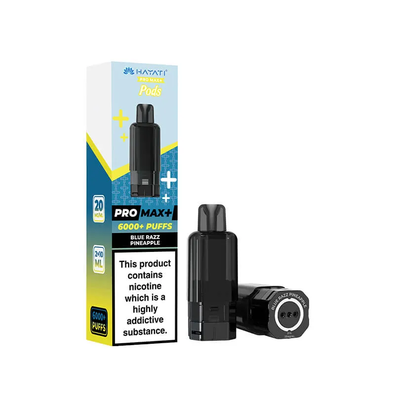 Vape pod device and packaging: Pro Max+ 6000+ puffs, Blue Razz Pineapple flavor, nicotine warning label.