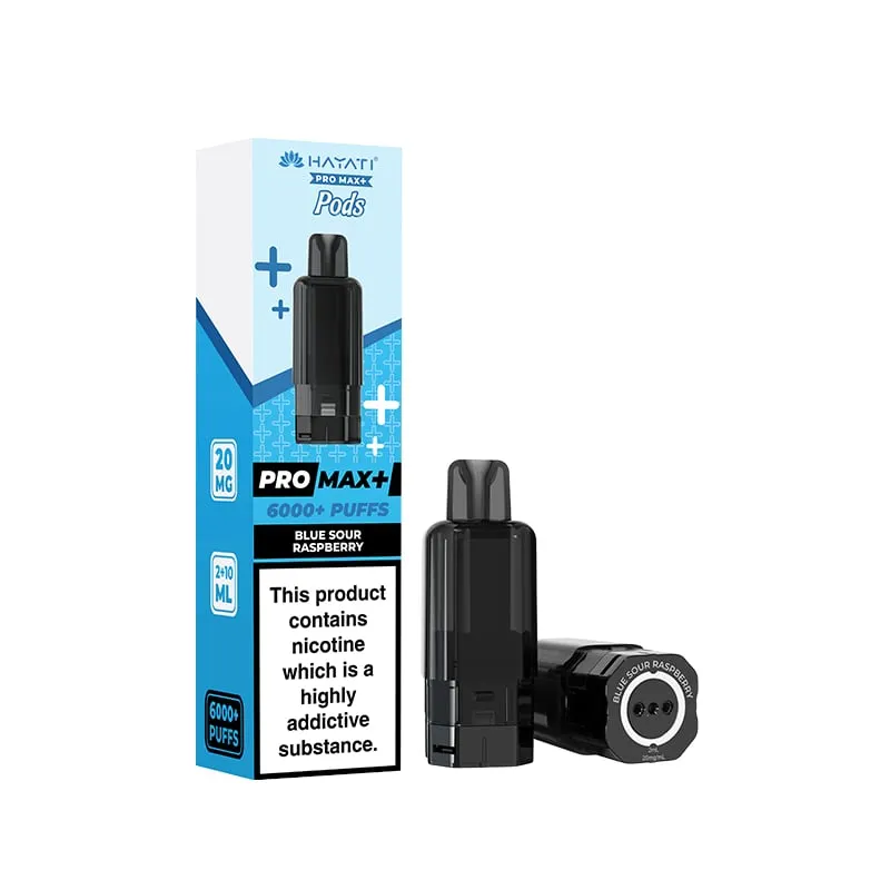 Box of HYATTI Pro Max+ Pods, blue and white packaging, displaying a black vape pod and two pods beside it, nicotine warning on label.