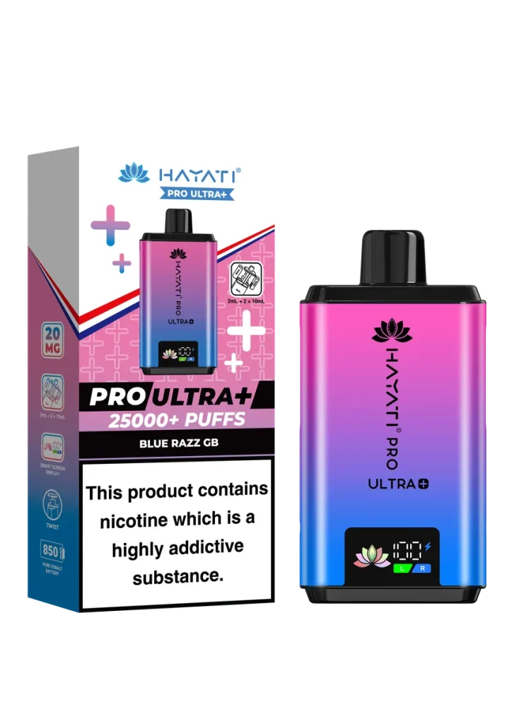 Vape starter kit with pink-to-blue gradient device and packaging showing ‘PRO ULTRA+’ and nicotine warning text at bottom panel