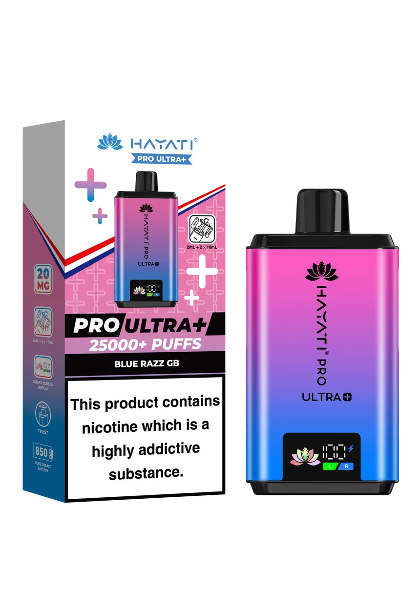 Vape starter kit with pink-to-blue gradient device and packaging showing ‘PRO ULTRA+’ and nicotine warning text at bottom panel