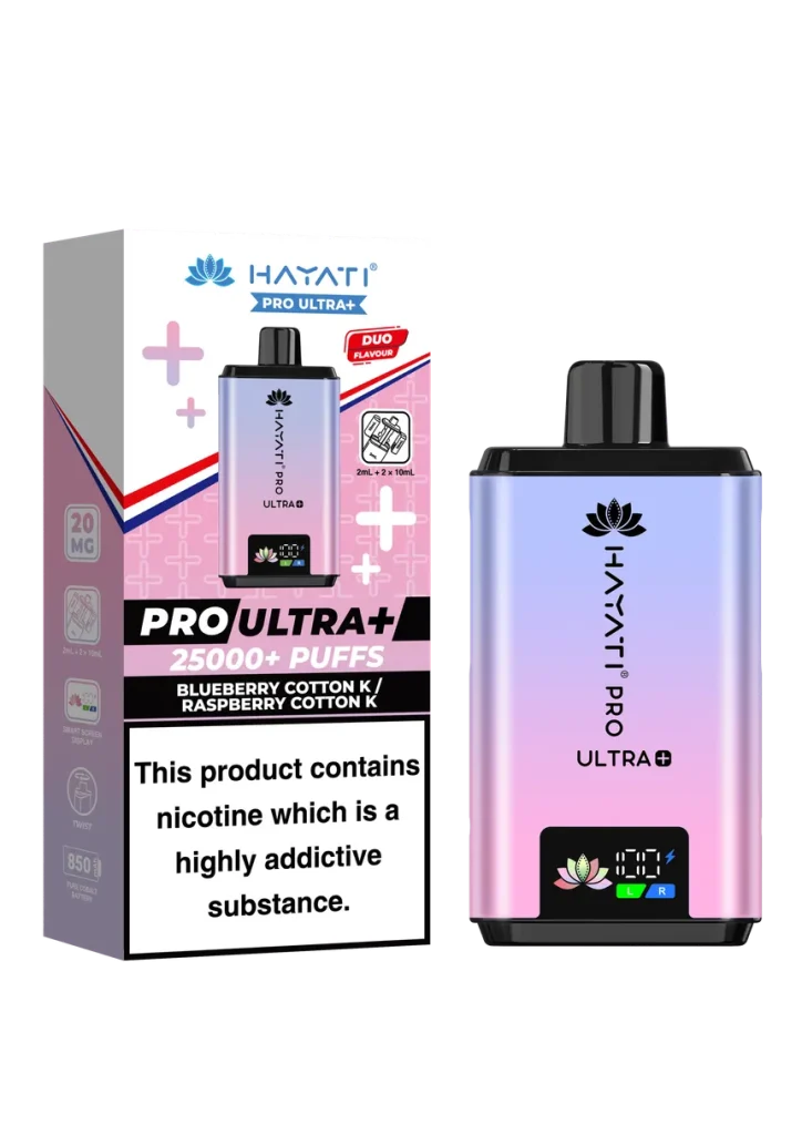 Gradient purple–pink Hayat Pro Ultra+ vape pod beside its packaging with color‑block design and nicotine warning on the box.