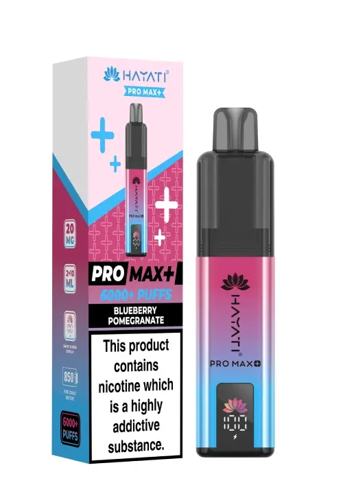 Hyatt Pro Max+ disposable vape beside its pink-blue box, labeled Blueberry Pomegranate with nicotine warning on the box and 6000+ puffs text.