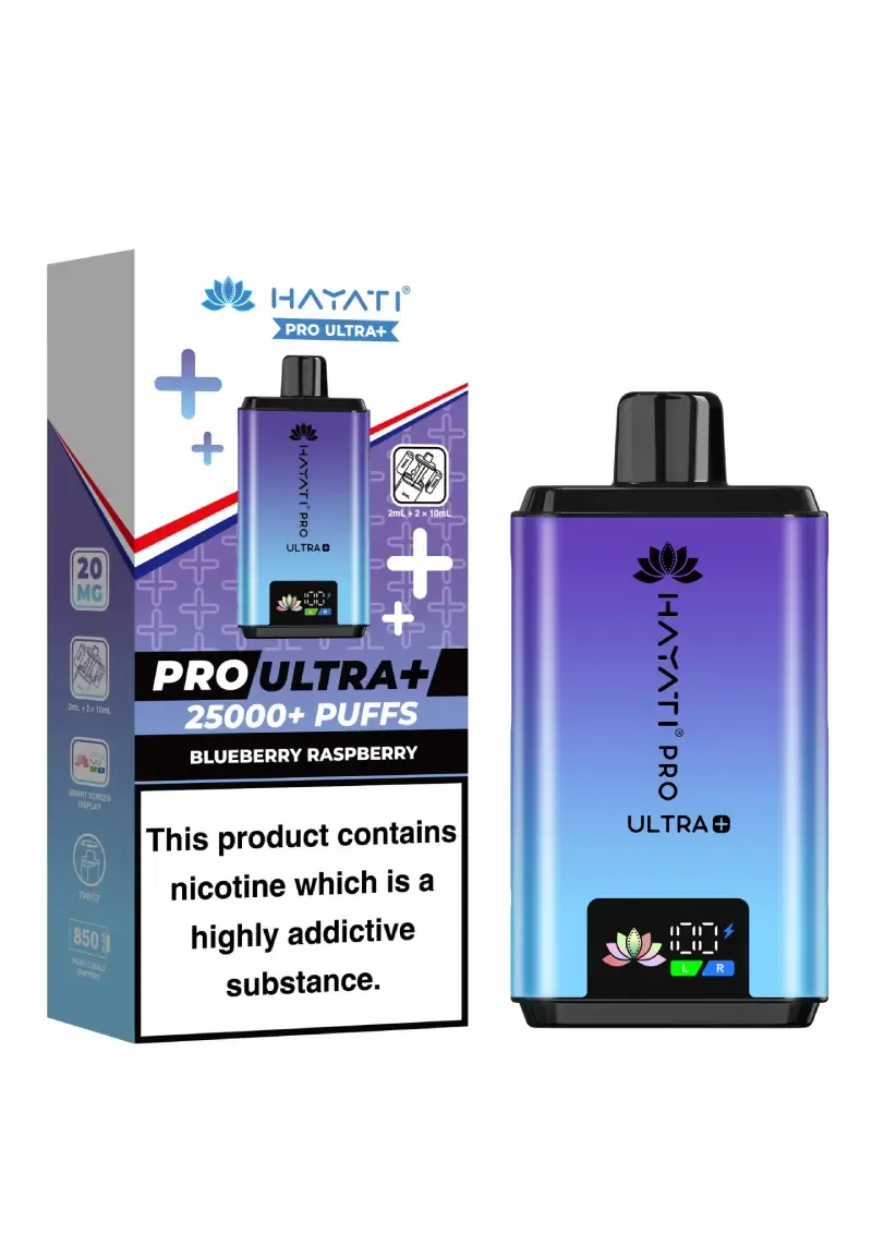 Vape pod device with a blue‑purple gradient beside a box labeled PRO ULTRA+ 25000+ Puffs Blueberry Raspberry, with nicotine warning.