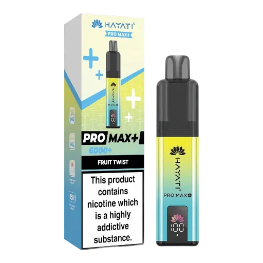 Vape pod kit with black mouthpiece next to a gradient yellow‑to‑blue box labeled PRO MAX+ and Fruit Twist, includes a nicotine warning box.