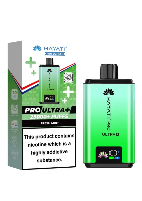Green vape device with black mouthpiece beside its packaging, labeled Hayati Pro Ultra+ 25000+ puffs, Fresh Mint, plus nicotine warning on the box.