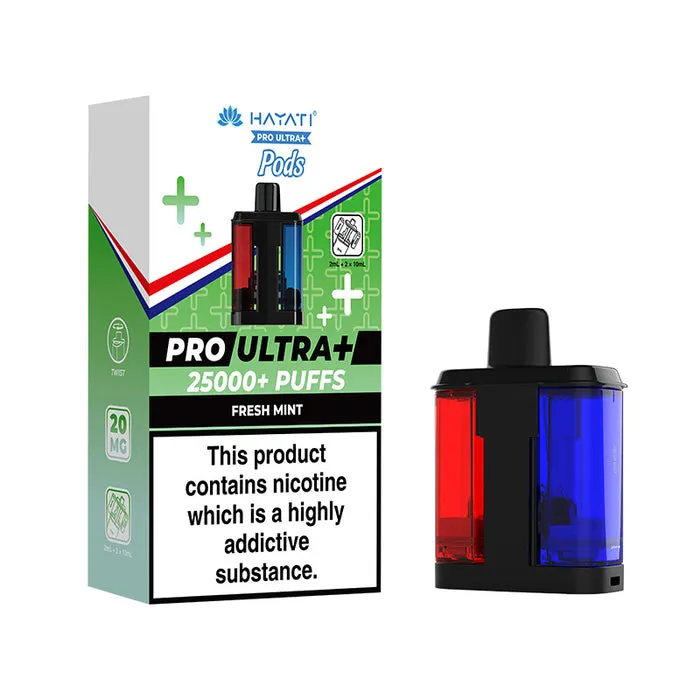 Vape pod kit beside a mint-flavored box labeled Pro Ultra+ 25000+ Puffs Fresh Mint, with red and blue translucent pod.