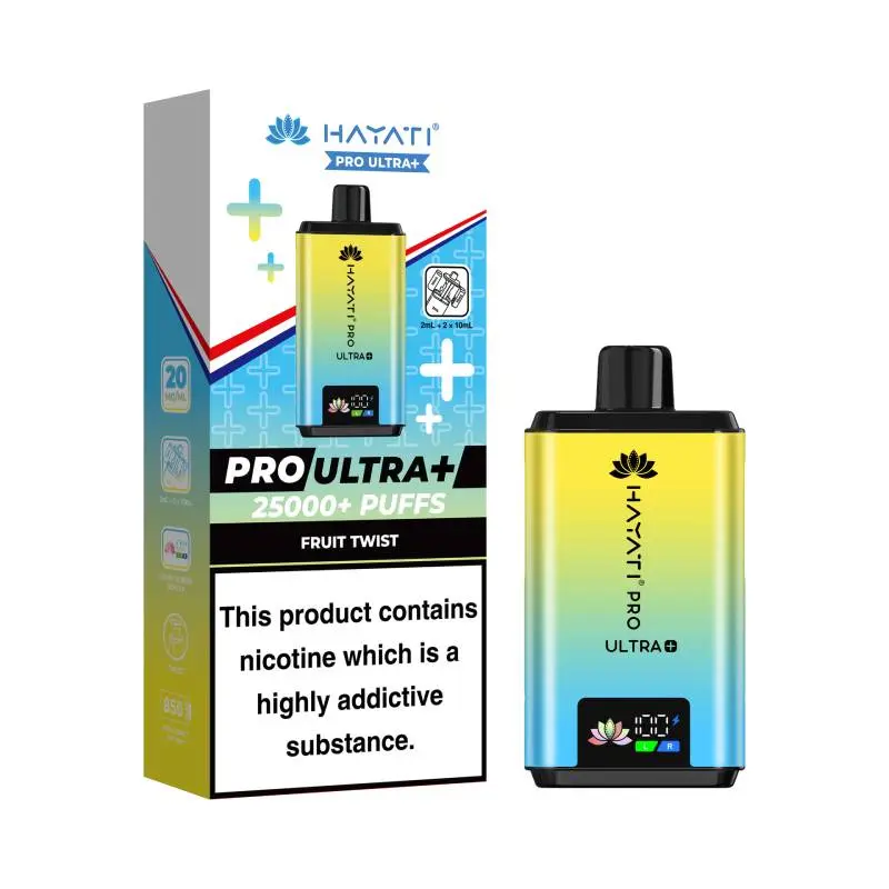 Hayati Pro Ultra+ vape device with gradient yellow to blue, shown with its box displaying 25000+ puffs and nicotine warning.