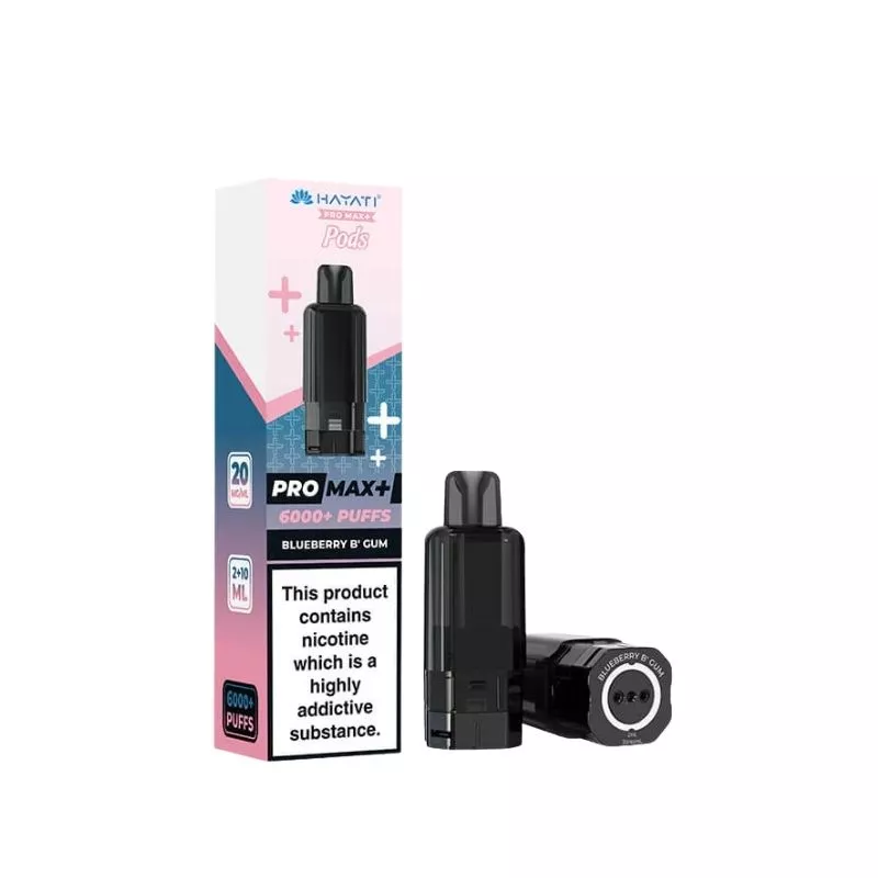 Box and black vape pod with 'Pro Max+' branding and a detachable pod, flavor 'Blueberry Gum'