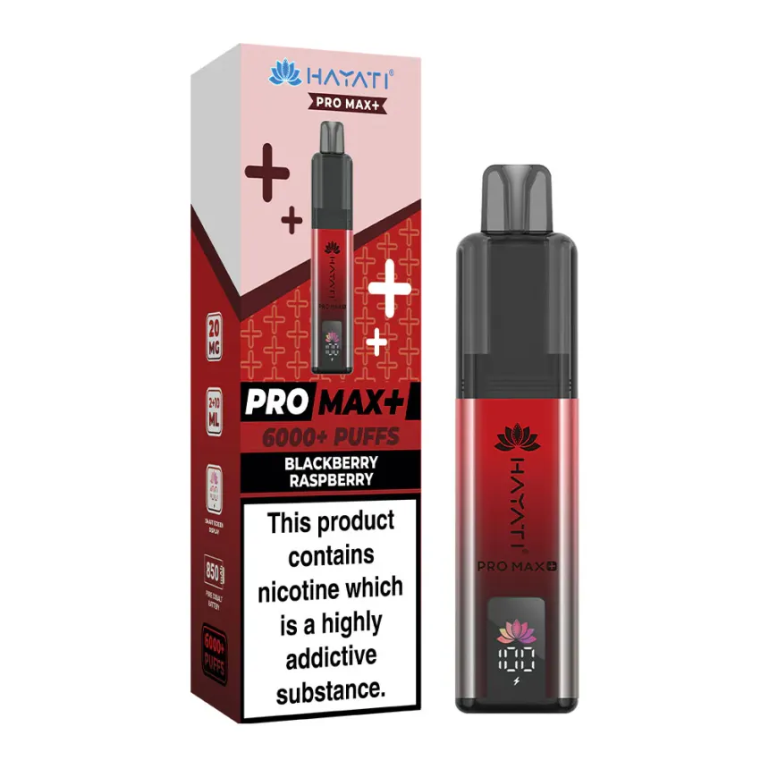 Disposable vape device with red-to-black gradient beside its pink-and-black packaging, labeled Pro Max+ and blackberry raspberry flavor.