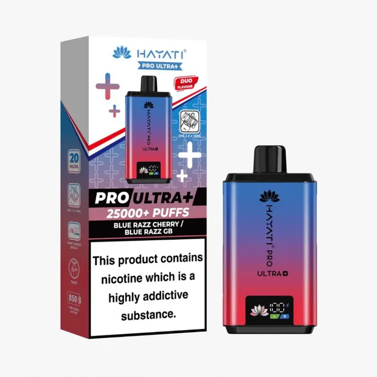 Hayati Pro Ultra+ vape kit: gradient blue‑pink device beside its box showing 25,000+ puffs and nicotine warning.