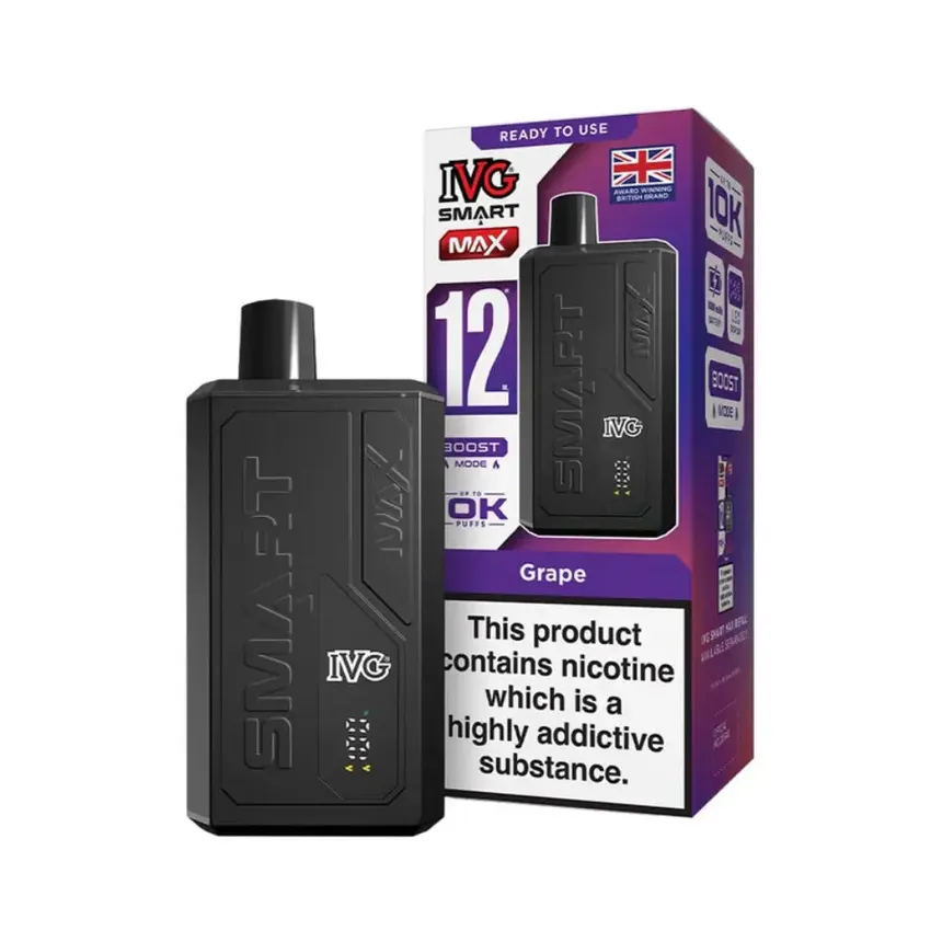 Black vape device beside a purple IVG Smart 12 grape nicotine vape box, with cautionary nicotine warning visible.