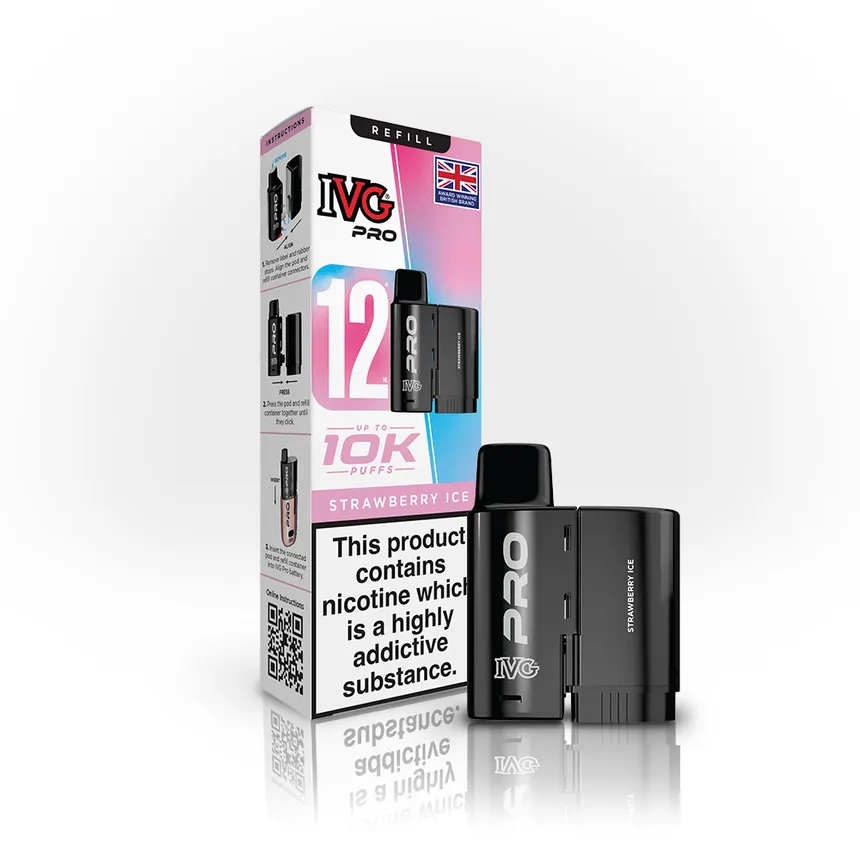 IVG Pro strawberry ice disposable vape kit beside its packaging, with a nicotine warning on the box