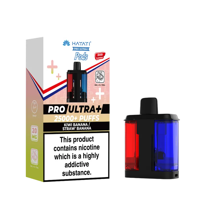 Pro Ultra+ pods box with nicotine warning and dual-flavor Kiwi Banana/Straw Banana, plus a black pod device next to it.