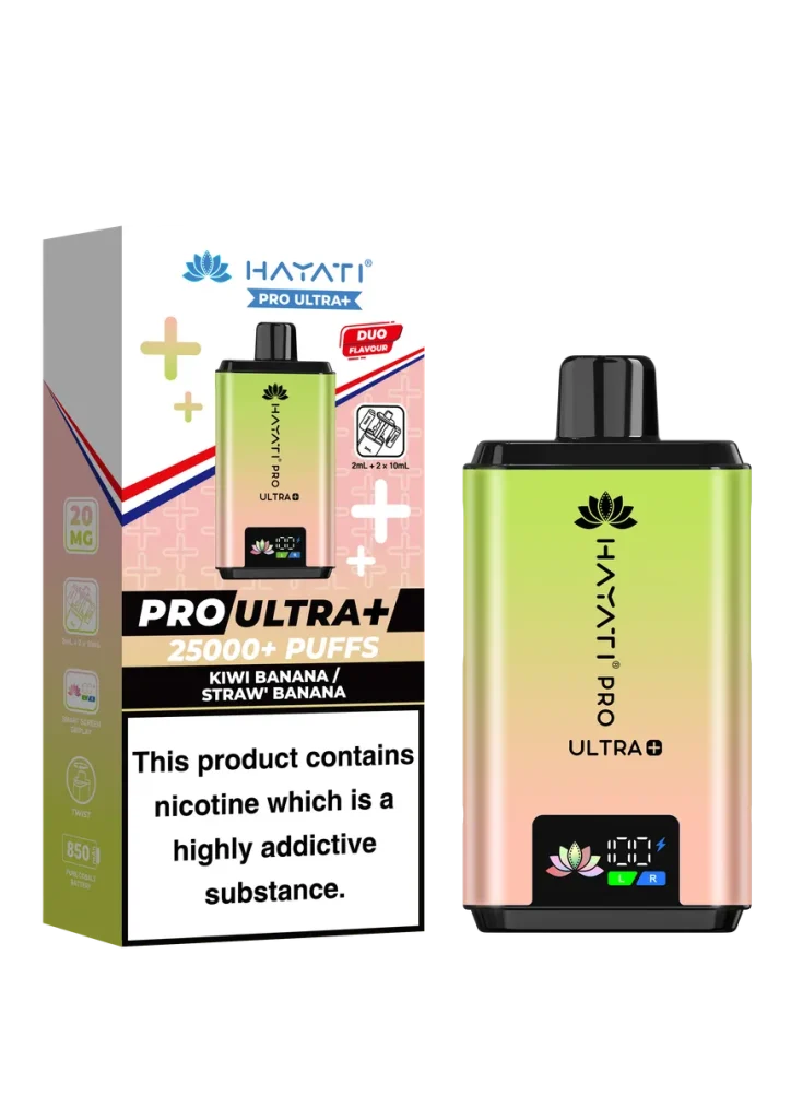 Packaging for Hayati Pro Ultra+ vape with kiwi banana flavor and 25000+ puffs; includes nicotine warning on front.