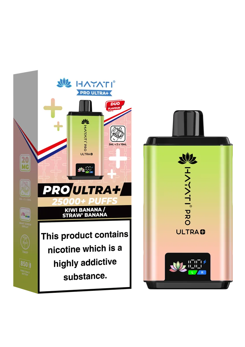 Packaging for Hayati Pro Ultra+ vape with kiwi banana flavor and 25000+ puffs; includes nicotine warning on front.