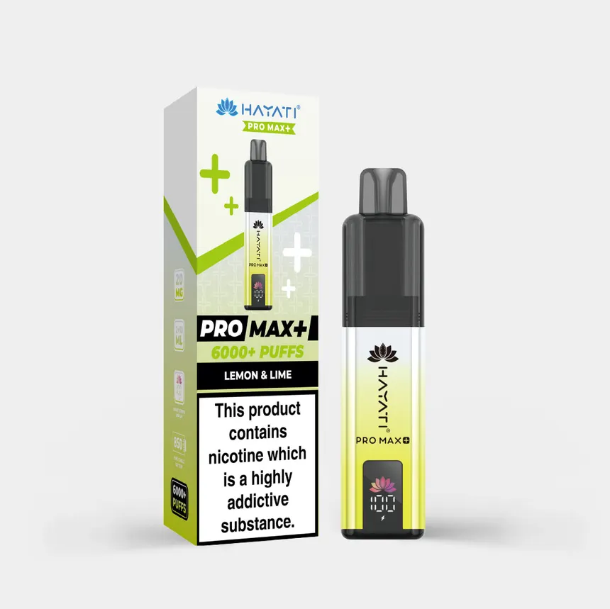 Vape device beside its white-green box labeled Hayati Pro Max+ Lemon & Lime, 6000+ puffs, nicotine warning on the box.