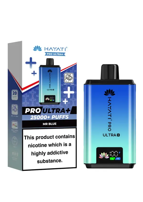 Hayati Pro Ultra+ vape kit with a blue gradient device beside its box, showing 25000+ puffs and nicotine warning.