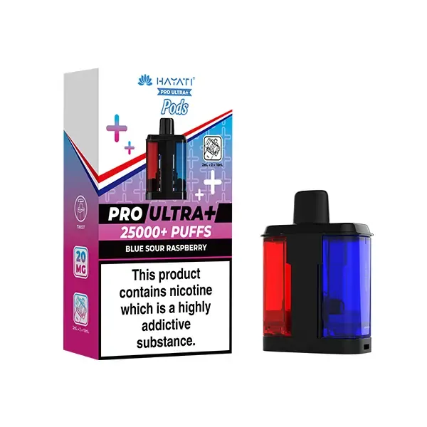 Vape pod device beside a colorful box labeled Pro Ultra+ 25000+ Puffs, Blue Sour Raspberry, with a nicotine warning.
