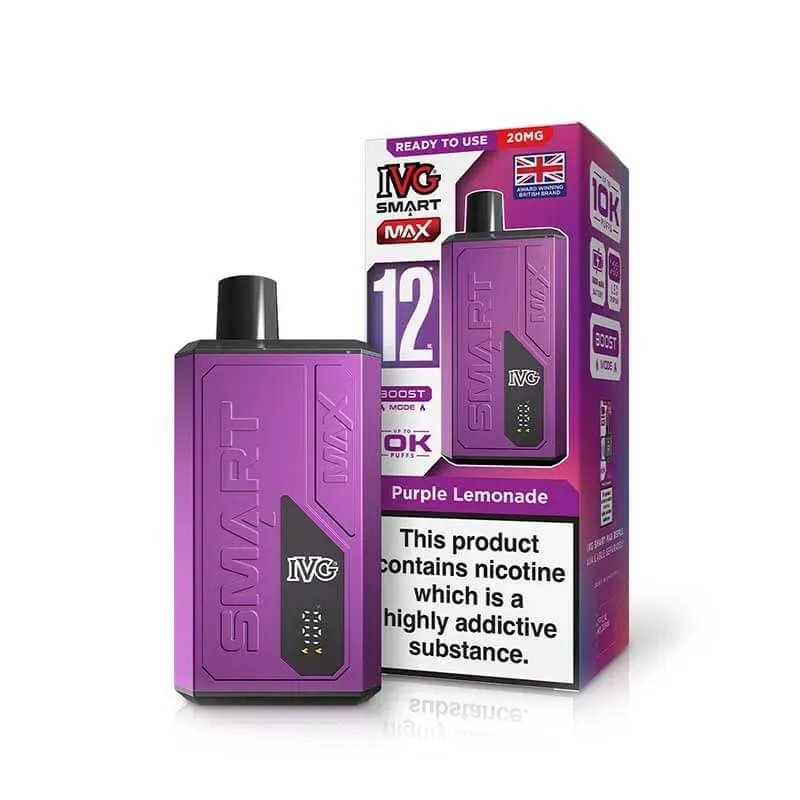 Purple vape device with packaging that says 'Purple Lemonade' and '12' nicotine warning label visible on the box.