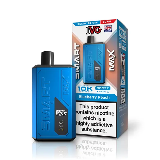 Blue disposable vape device beside its box, flavor Blueberry Peach, labeled 10k puffs and nicotine warning.
