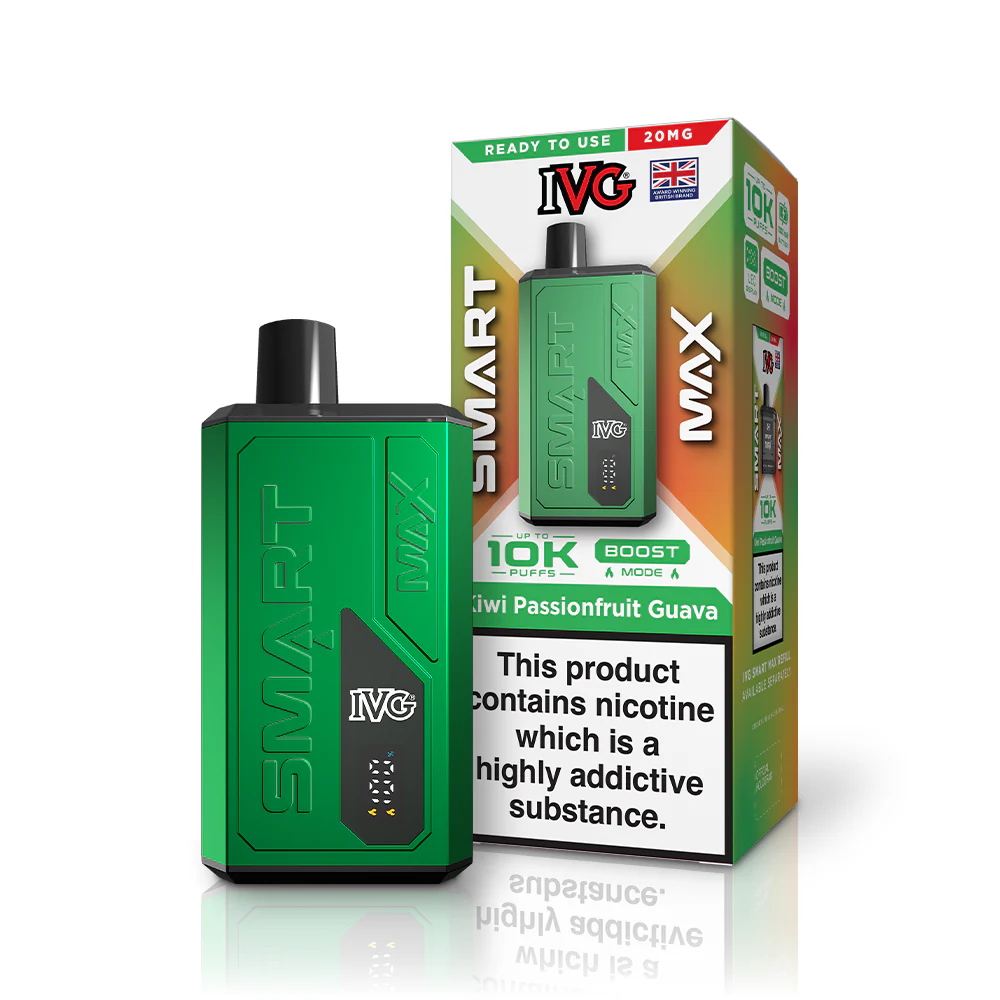 Green IVG Smart MAX vape device with black mouthpiece next to its colorful packaging labeled with a nicotine warning.