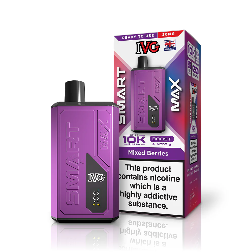 Purple IVG Smart X pod device with matching box showing Mixed Berries flavor and a nicotine warning label on the packaging.