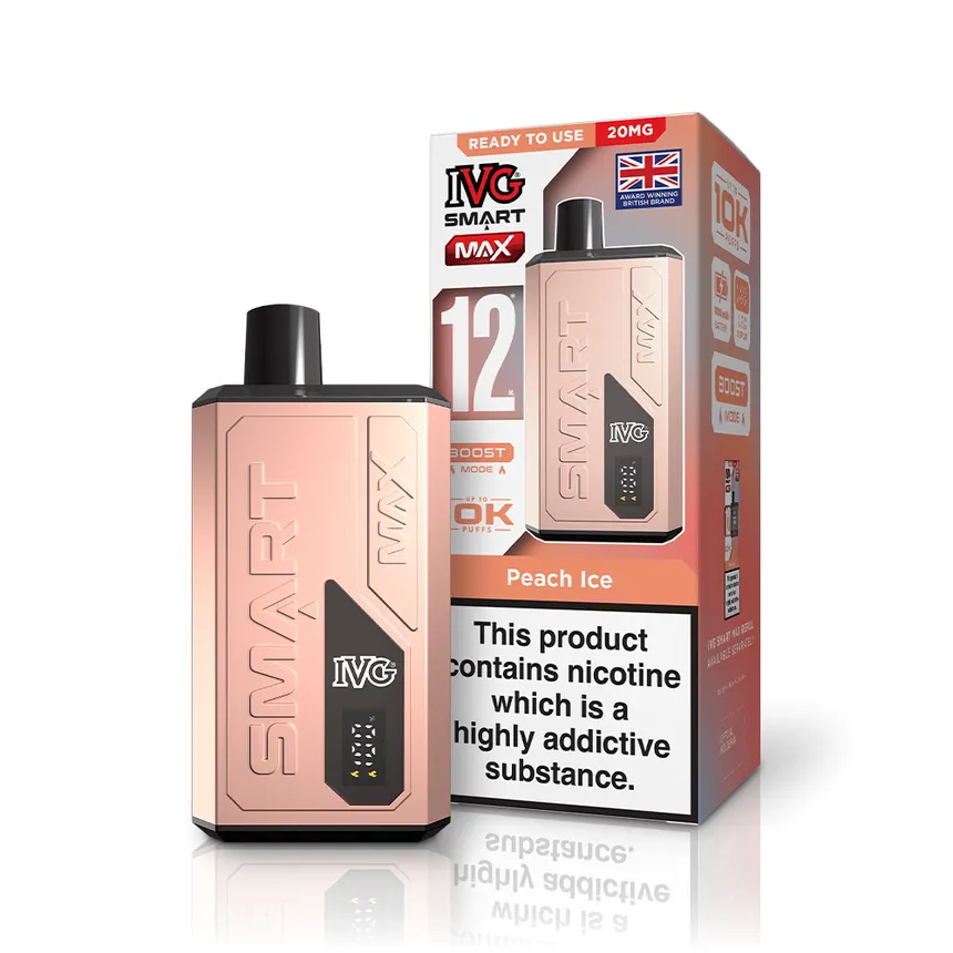 Peach ice IVG Smart Max 12 vaping device beside its orange retail box, which shows a nicotine warning.
