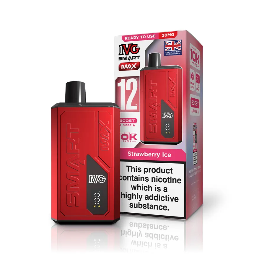 Red IVG Smart Max vape device beside its pink Strawberry Ice packaging, with a nicotine warning on the box.