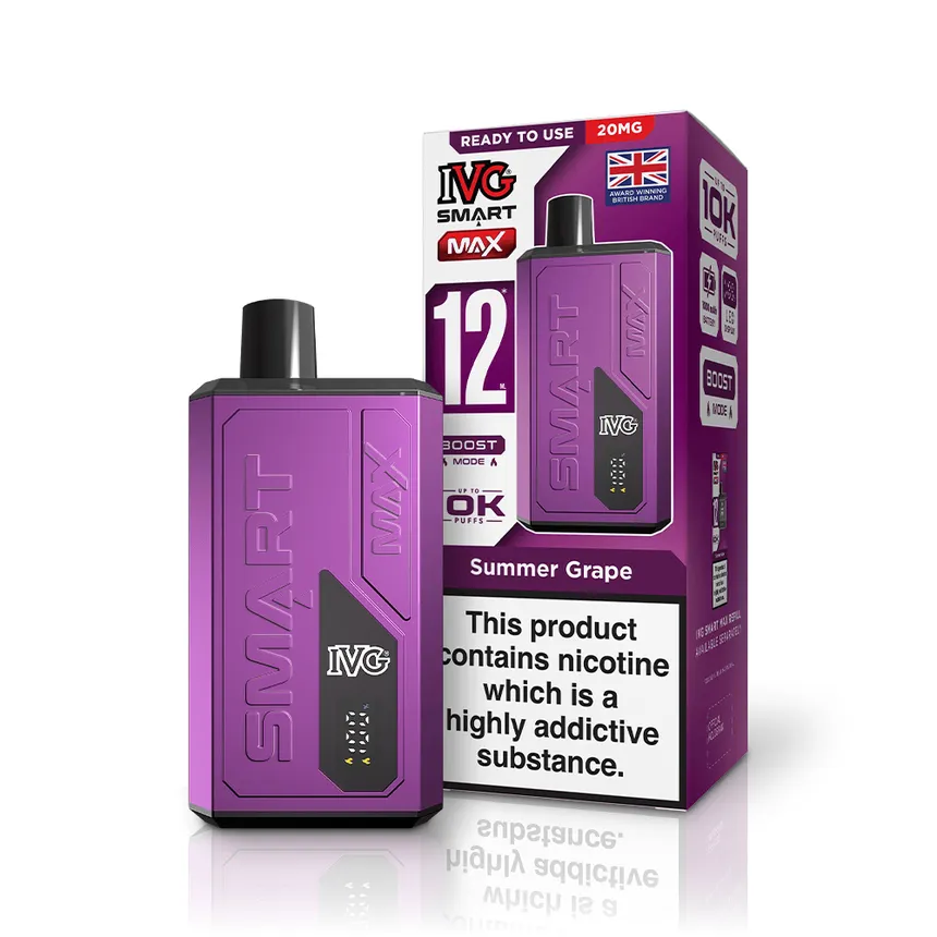 Purple vape device with a black mouthpiece beside its purple packaging labeled 'Summer Grape' and a nicotine warning.