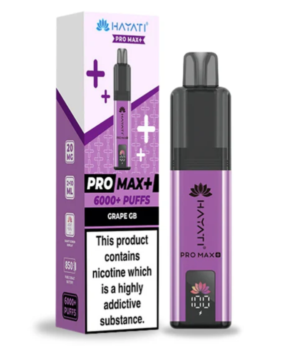 Vape device and purple box labeled Pro Max+ with 6000+ puffs, grape flavor, and nicotine warning for adults only (nicotine product)