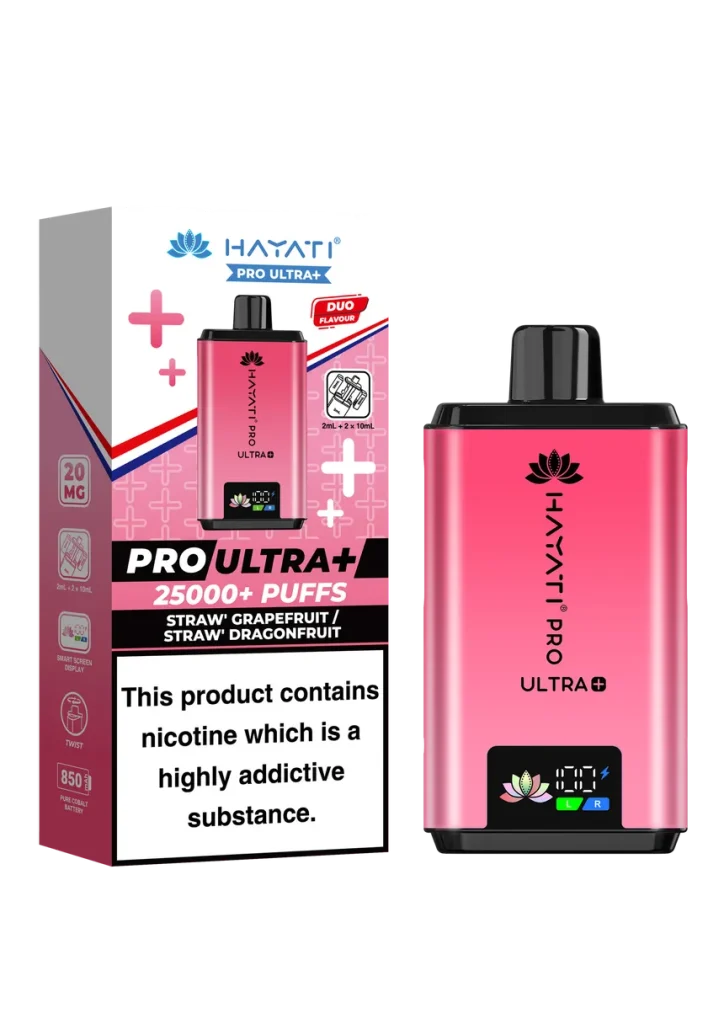 Pink vape device next to its packaging, showing 'HAYATİ PRO ULTRA+' and '25000+ Puffs' with a nicotine warning label, for product identification and flavor info.