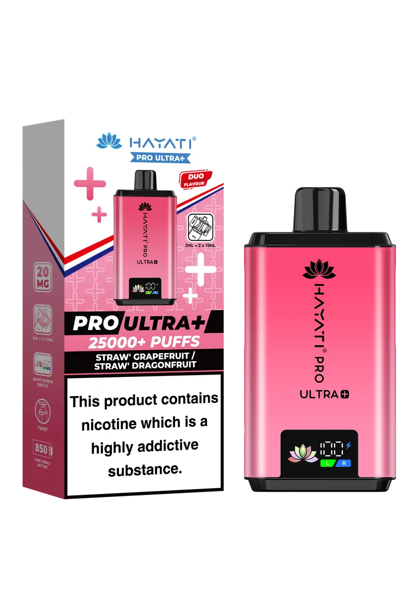 Pink vape device next to its packaging, showing 'HAYATİ PRO ULTRA+' and '25000+ Puffs' with a nicotine warning label, for product identification and flavor info.