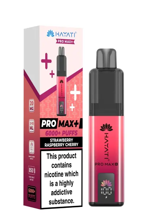 Pink gradient disposable vape device with black mouthpiece next to its pink-and-white box, featuring 'Pro Max+' and '6000+ Puffs' text and a prominent nicotine warning label indicating nicotine is highly addictive.