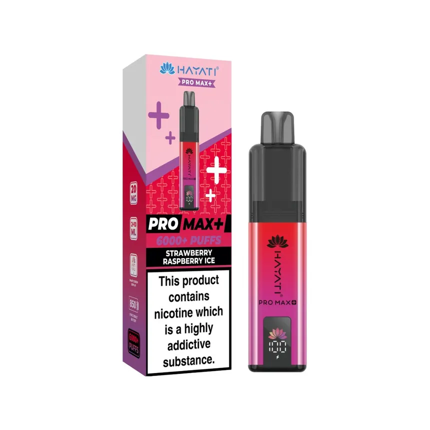Vape device and pink box labeled Pro Max+ with strawberry-raspberry-ice flavor and nicotine warning on the front.