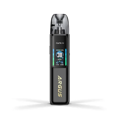 Black Argus disposable vape standing upright with a clear pod, digital display showing 30 puffs and blue/green LED bars on the sides.