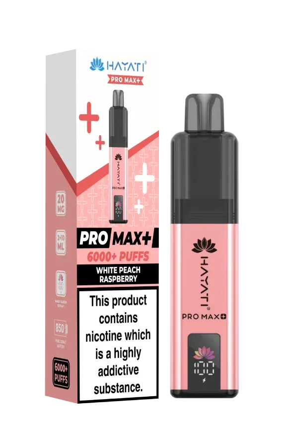 Pink vape pod with black mouthpiece beside packaging that reads PRO MAX+ 6000+ Puffs, White Peach Raspberry; contains nicotine warning.