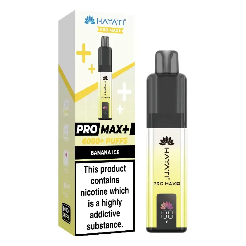 Banana Ice vape pod and its box labeled Pro Max+, showing 6000+ puffs and a nicotine warning on the front label.
