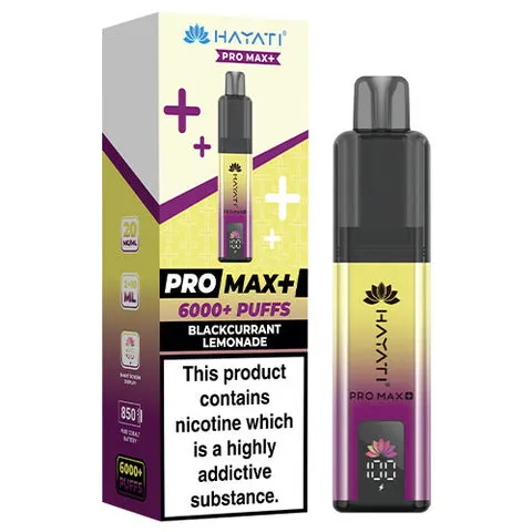 Vape kit with yellow-black packaging labeled Pro Max+ 6000+ puffs, Blackcurrant Lemonade flavor, and a nicotine warning.