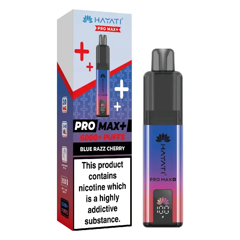 Vape device with packaging showing PRO MAX+, 6000+ puffs, Blue Razz Cherry flavor, and nicotine warning on the box.